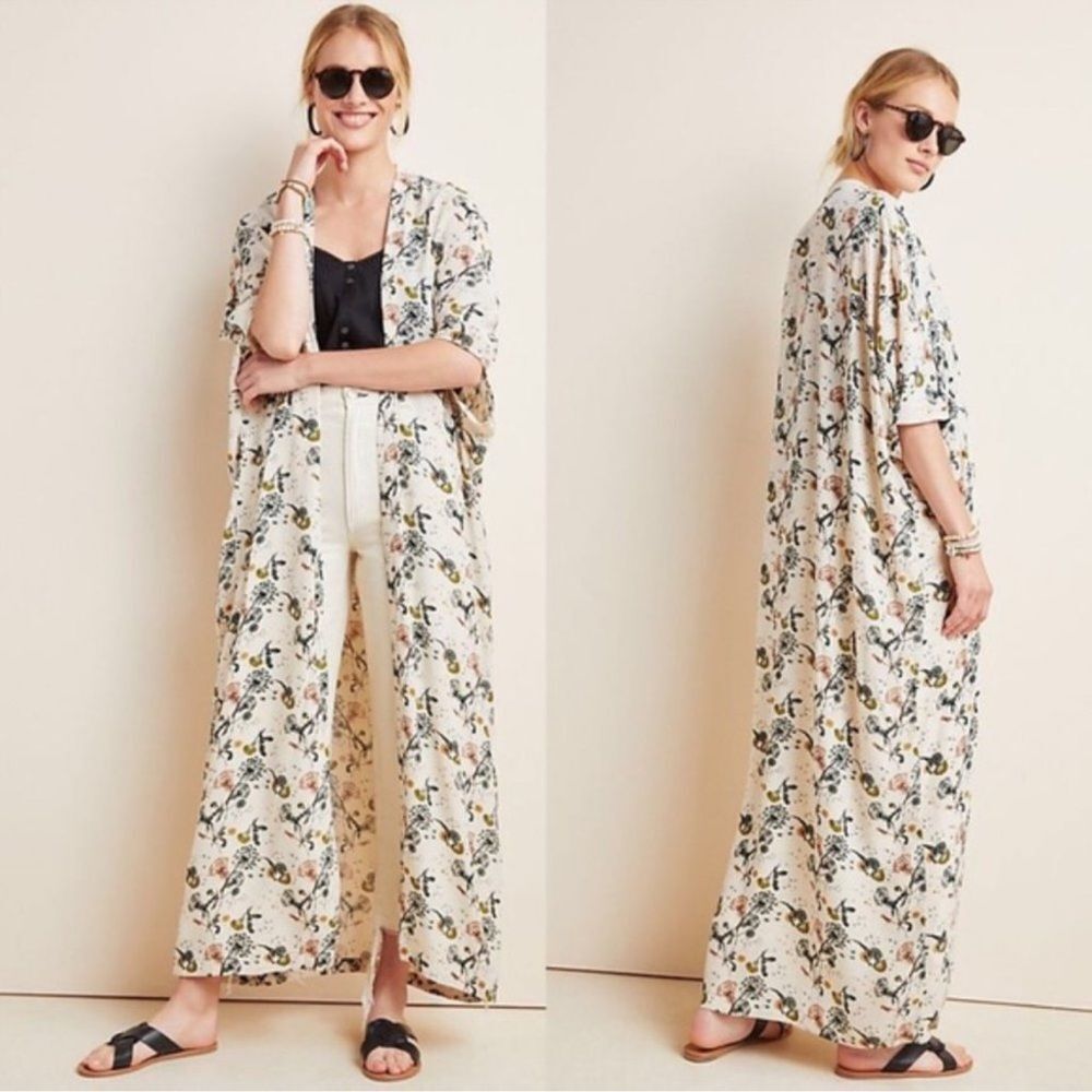 ANTHROPOLOGIE BEL KAZAN BOHEMIAN OPEN FRONT LONG SADIE DUSTER IVORY KIMONO